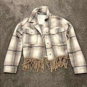 Mystree Beige and Blue Plaid western Fringe Jacket Sz small